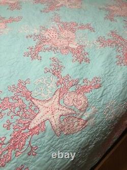 LILLY PULITZER LAGUNA GARNET HILL QUILT QUEEN 90x92 CORAL TURQUOISE REVERSIBLE
