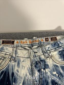 Rock Revival Lowry Straight Jeans Mens 38 Blue Distressed Paint Acid Wash