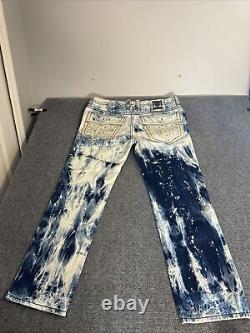 Rock Revival Lowry Straight Jeans Mens 38 Blue Distressed Paint Acid Wash