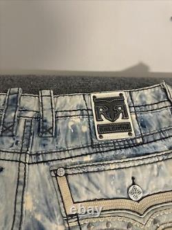 Rock Revival Lowry Straight Jeans Mens 38 Blue Distressed Paint Acid Wash