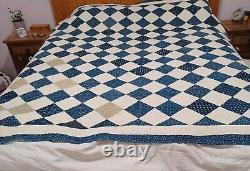 Vintage Diamond Quilt In Blue, White & Some Khaki (65 in. By 78 in.)